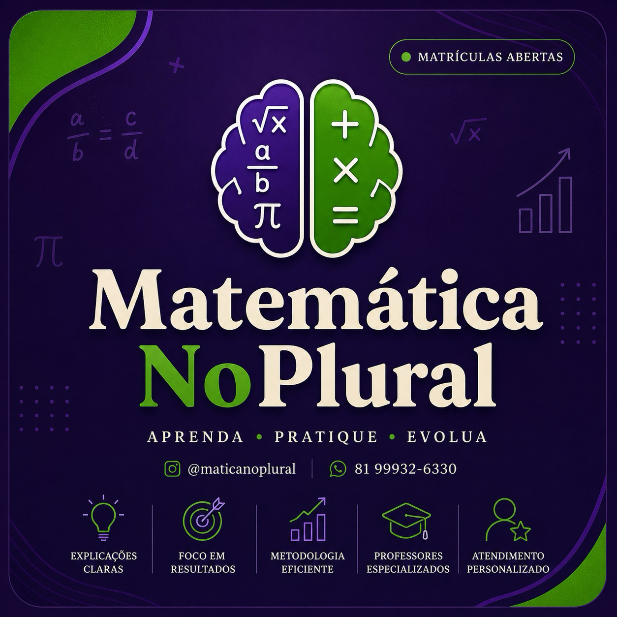 Matemática no Plural — aprenda, pratique, evolua. Matrículas abertas.